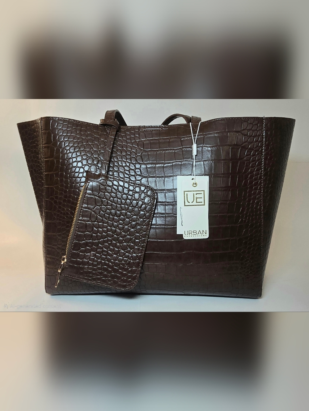 Urban Expressions Croc Embossed Brown Work Tote/ Laptop Bag - Picture 2 of 9